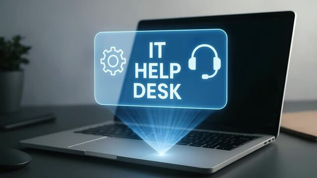A blue holographic panel labeled it help desk rises from a laptop keyboard in a dim office. Concept of remote technical support service.