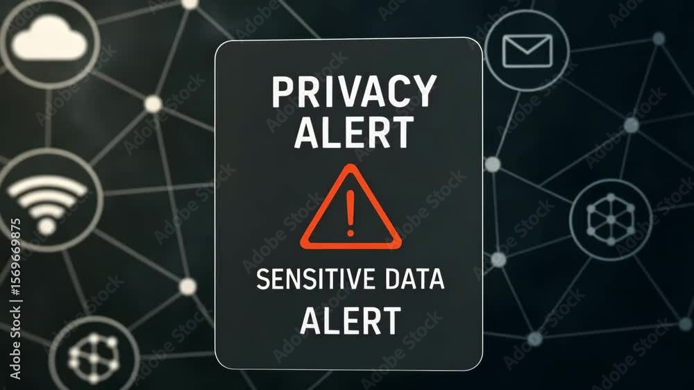 Poster a digital screen flashes a bold privacy alert over a dark connected network. concept of data securit