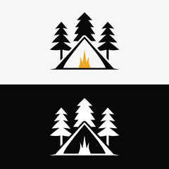A camping tent with campfire and trees isolated on white background