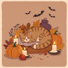 Sleeping cat surrounded by pumpkins and candles on autumn background - Concept of Halloween  