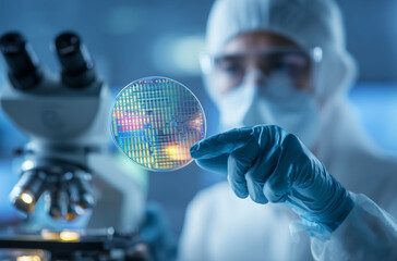 Scientist examining a semiconductor wafer in a laboratory setting