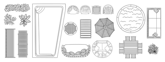A drawing of a pool and patio with a variety of items including a chair, umbrella, and a bench. vector hand sketch style illustrations, landscape design icons isolated on transparent background © Creative_Juice_Art