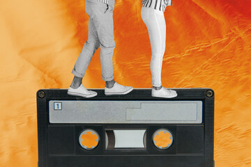 Contemporary artwork collage of anonym girl guy legs dance retro tape music playlist celebration...