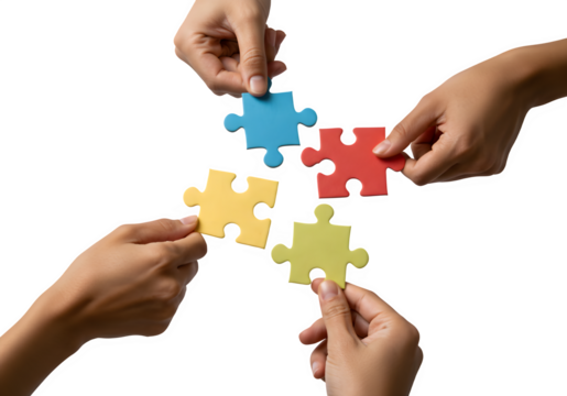 Human Hands Holding Puzzle Pieces – Teamwork, Cooperation, and Partnership Concept, Isolated on White or Transparent Background