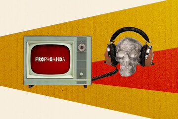 Image pop zine trend photo collage of retro television box mass media propaganda headphones brainwash influence skull bones