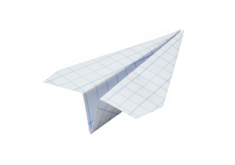 A paper airplane with a blue grid pattern is isolated on transparent background, ready for a flight of imagination
