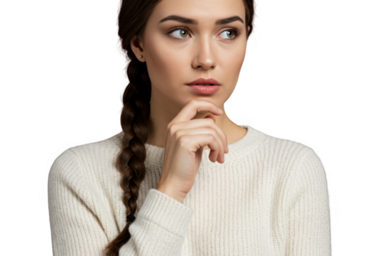 Young woman with braid thinking with hand on chin isolated on transparent background