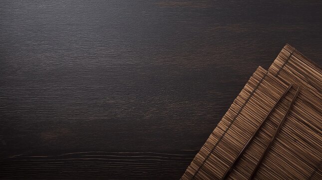 Background for sushi. Bamboo mat, soy sauce, chopsticks on dark table. Top view with copy space 