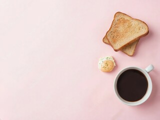 Simple Breakfast Scene with Scrambled Eggs Toast and Coffee on Pink Background