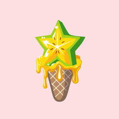 Vector illustration of a melting starfruit slice on top of an ice cream cone.
