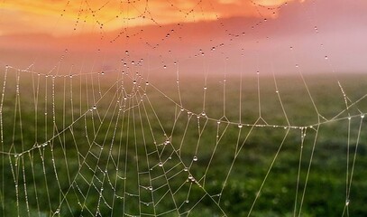 Spinnennetz mit Morgentau und Wassertropfen im Licht eines wunderschönen Sonnenaufgangs auf dem Lande und sanft grüner Wiese im Hintergrund