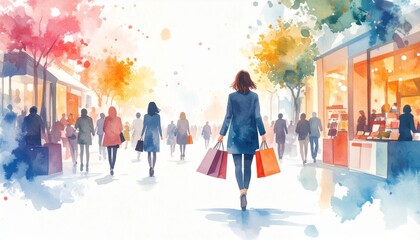 Watercolor Art Fashion Beauty Woman Shopping Concept. A woman shops in a bustling, colorful street scene.
