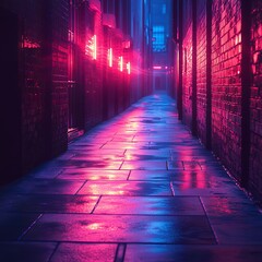A narrow alleyway at night illuminated by neon lights reflecting off the wet pavement and brick walls