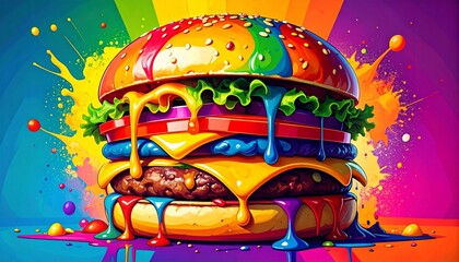 Vibrant Rainbow Burger A Deliciously Colorful Food Art Illustration