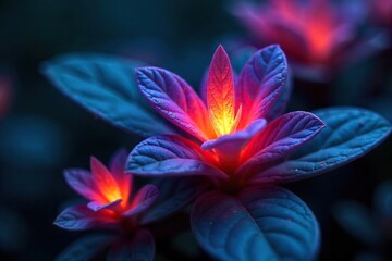 Obraz premium Glowing Bioluminescent Alien Plant Intricate Leaves and Vibrant Colors, Perfect Sci-Fi Fantasy Background