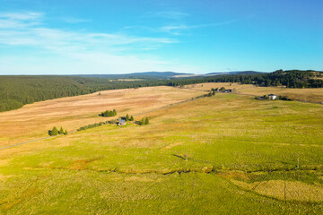 Grass autumn landscape at Ryzovna, Ore Mountains, Czech: Krusne hory, Czechia. Aerial view from...