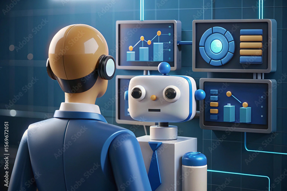 Poster businessman consulting with ai robot on data analytics dashboard