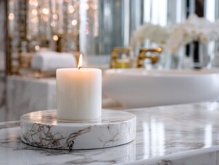 The interior of a luxurious bathroom with a view of candles on a marble pedestal. Generative AI
