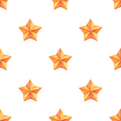  Seamless pattern with hand-painted orange watercolor stars on a white background. Simple and bright design ideal for paper, fabric, stationery, and digital projects.