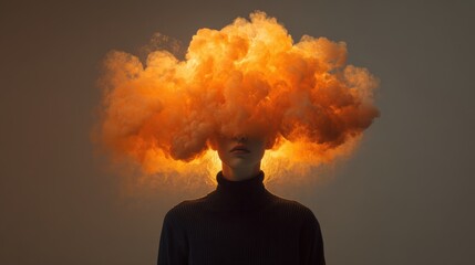 Surreal conceptual portrait of a person with a glowing orange cloud instead of a head in dim light perfect for creative design, mental health topics, and abstract visuals