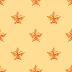  Hand-painted seamless pattern with orange watercolor stars on a light beige background. Soft and warm design suitable for fabric, packaging, stationery, and crafts.