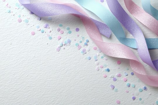 Colorful ribbons with confetti spread on soft blue surface. Festive setup for anniversary or joy themes, perfect for bright or airy designs. Ideal for party or uplifting visuals.