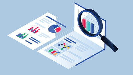Isometric view of data analysis with magnifying glass focusing on charts and graphs on papers
