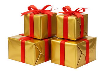 Obraz premium A stack of four gold gift boxes tied with red ribbons isolated on transparent background, ready for a festive celebration