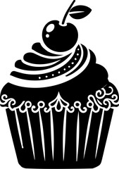 Cupcake Silhouette Icon with Swirl Frosting and Cherry