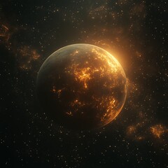 A glowing planet with bright spots surrounded by stars and cosmic dust in the vast expanse of space