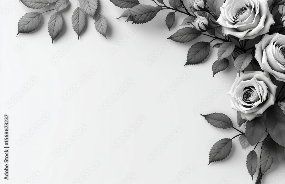 Fototapete elegant 3d rendered monochrome roses with leaves arranged in minimalist flat lay, top view compositi