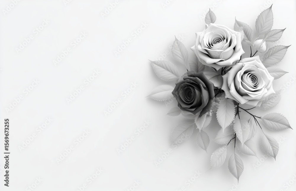Fototapete elegant 3d rendered monochrome roses with leaves arranged in minimalist flat lay, top view compositi