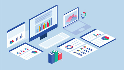 Fototapeta premium Isometric view of data analytics on computer screen laptop and documents with charts and graphs displayed