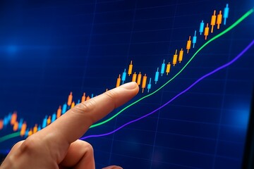 Finger pointing at ascending stock market candlestick chart with moving averages