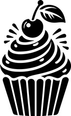 Cupcake Silhouette Icon with Swirl Frosting and Cherry
