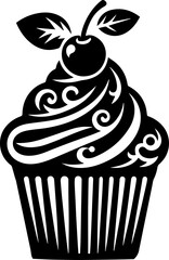Cupcake Silhouette Icon with Swirl Frosting and Cherry