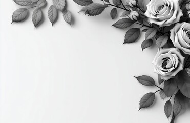 Elegant 3D rendered monochrome roses with leaves arranged in minimalist flat lay, top view composition on pure white background featuring deliberate right side white space.​