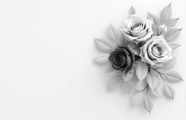 Elegant 3D rendered monochrome roses with leaves arranged in minimalist flat lay, top view composition on pure white background featuring deliberate right side white space.​