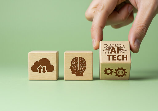 Exploring ai technology cloud computing and machine learning concepts with wooden blocks and hand placement