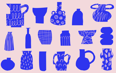 Vector collection of paper cutout style ceramic vases with brush textured patterns. Set of pottery designs with hand drawn doodle ornaments