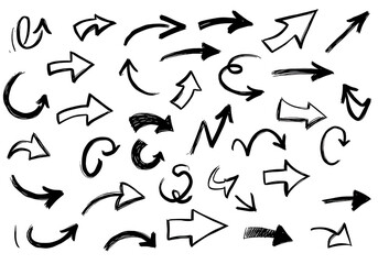 A set of handdrawn black arrow sketches and doodles isolated on transparent background