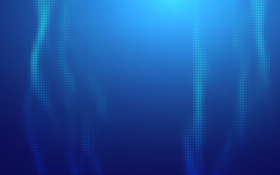 Blue Tech Fintech Background with Abstract Pixel Data and Light Grid Network. Futuristic Financial Vector Design for Crypto Business or Digital Presentation. Geometric Blockchain Flow with Dynamic Glo