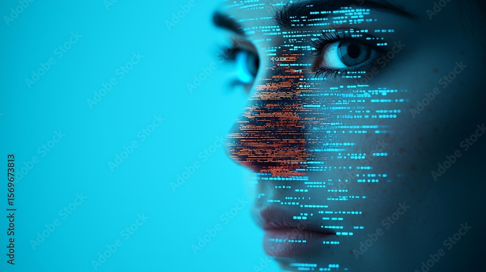 Poster a close-up profile of a human face overlaid with digital code, symbolizing artificial intelligence a