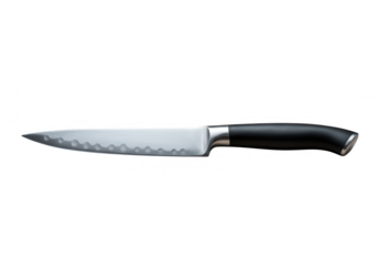 A sharp serrated knife with a silver blade and black handle isolated on transparent background