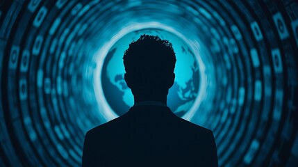Silhouette of a person looking at a digital globe surrounded by binary code, symbolizing global technology and cybersecurity concepts.