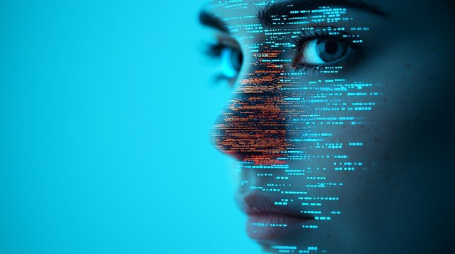 A close-up profile of a human face overlaid with digital code, symbolizing artificial intelligence and the fusion of technology with humanity.