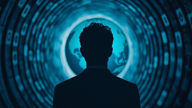 Silhouette of a person looking at a digital globe surrounded by binary code, symbolizing global technology and cybersecurity concepts.