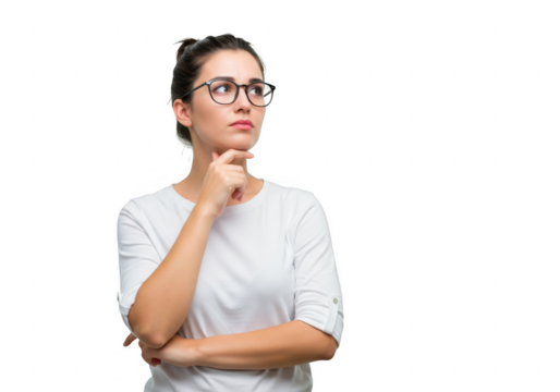 Young woman wearing glasses thinking with hand on chin isolated on transparent background