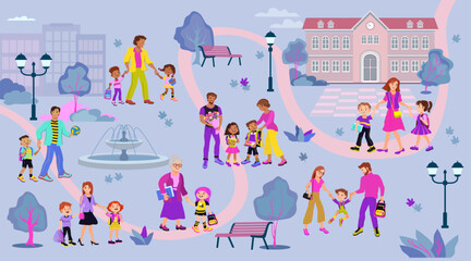 Happy kids and their parents are walking to school through the park. Cartoon map of the park near the school. Joyful family scene. Loving parents and school children. Vector flat illustration