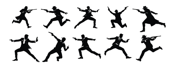 A collection of dynamic silhouettes depicting agents or gangsters in suits, in various action poses with guns.
